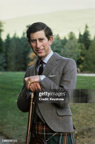 British Royal Charles, Prince of Wales, on his 30th birthday, wearing a grey tweeted jacket and waistcoat with a Hunting Stewart tartan kilt, in the...