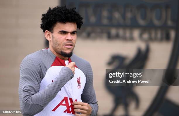 Luis Diaz of Liverpool during a training session at AXA Training Centre on April 06, 2023 in Kirkby, England.