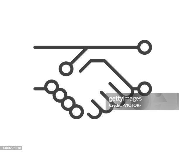 artificial intelligence and people - handshake - line illustration - robot handshake stock illustrations