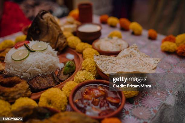 aiburo bhat ritual food arrangement bengali wedding ritual - bengali food stock pictures, royalty-free photos & images