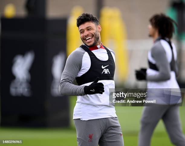 Alex Oxlade-Chamberlain of Liverpool during a training session at AXA Training Centre on April 06, 2023 in Kirkby, England.