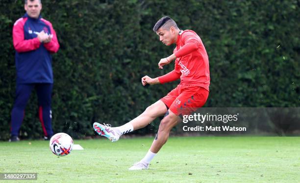 Carlos Alcaraz during a Southampton FC training session at the Staplewood Campus on April 06, 2023 in Southampton, England.
