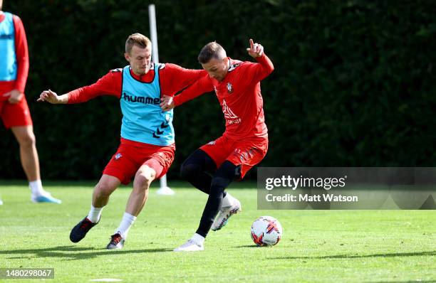 James Ward-Prowse and Mislav Orsic during a Southampton FC training session at the Staplewood Campus on April 06, 2023 in Southampton, England.