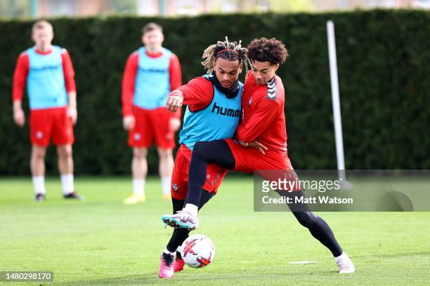 Sekou Mara and Samuel Edozie during a Southampton FC training session at the Staplewood Campus on April 06, 2023 in Southampton, England.