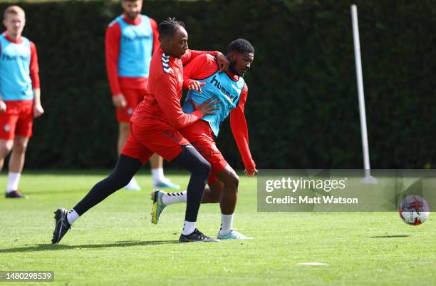 Joe Aribo and Ainsley Maitland-Niles during a Southampton FC training session at the Staplewood Campus on April 06, 2023 in Southampton, England.