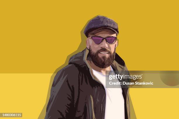 looking good dressed in old-fashioned clothes - looking up thinking stock illustrations