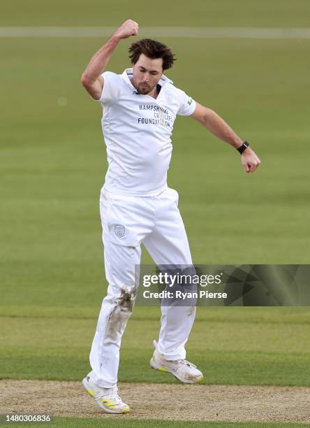 James Fuller of Hampshire celebrates after taking the wicket of Joe Clarke of Nottinghamshire during day one of the LV= Insurance County Championship...