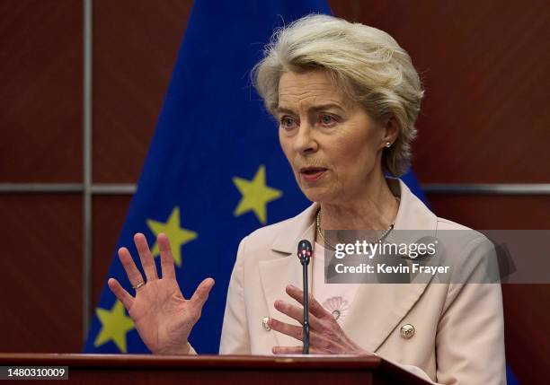 European Commission President Ursula von der Leyen gestures as she speaks at a press conference at the European Delegation on April 6, 2023 in...