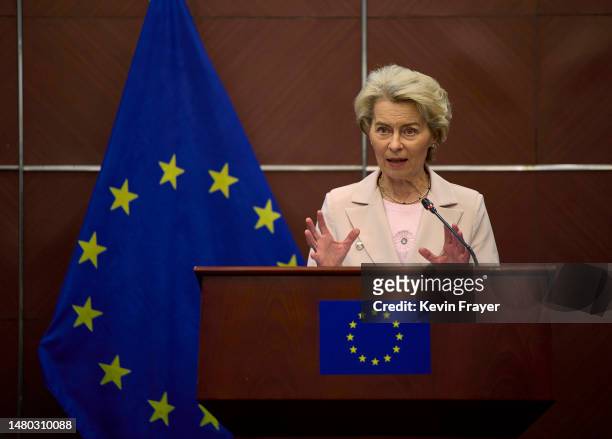 European Commission President Ursula von der Leyen gestures as she speaks at a press conference at the European Delegation on April 6, 2023 in...