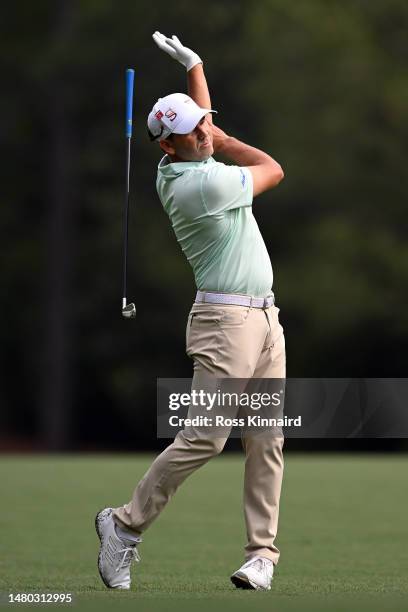 Sergio Garcia of Spain reacts to his shot on the fifth hole during the first round of the 2023 Masters Tournament at Augusta National Golf Club on...