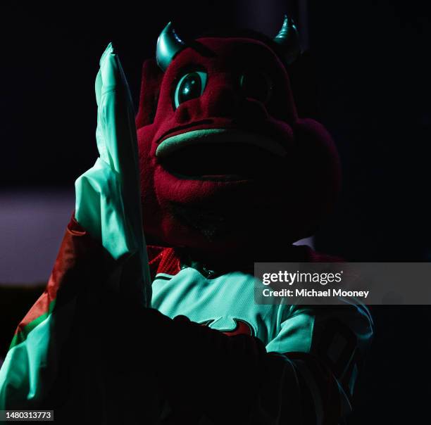 Devil prior to the start of the game between the New Jersey Devils and Pittsburgh Penguins at Prudential Center on April 04, 2023 in Newark, New...