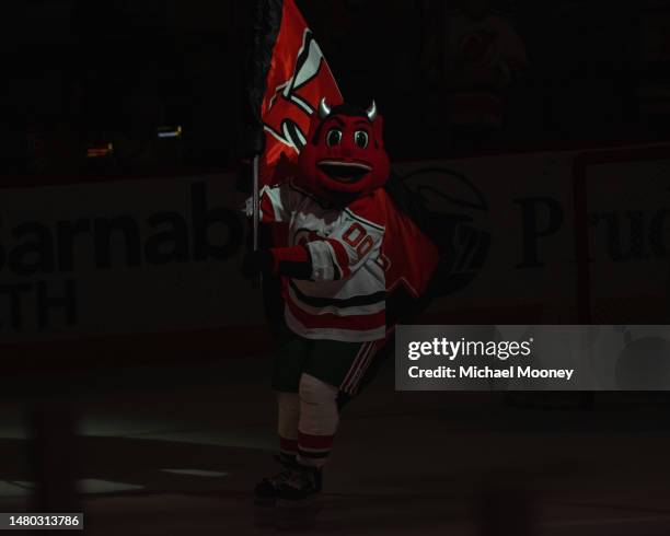 Devil skates after the New Jersey Devils defeated the Pittsburgh Penguins at Prudential Center on April 04, 2023 in Newark, New Jersey. The Devils...