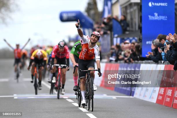 Bryan Coquard of France and Team Cofidis celebrates at finish line as stage winner during the 1st Region Pays de la Loire Tour 2023, Stage 3 a...