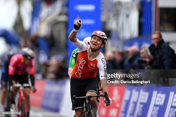 Bryan Coquard of France and Team Cofidis celebrates at finish line as stage winner during the 1st Region Pays de la Loire Tour 2023, Stage 3 a...