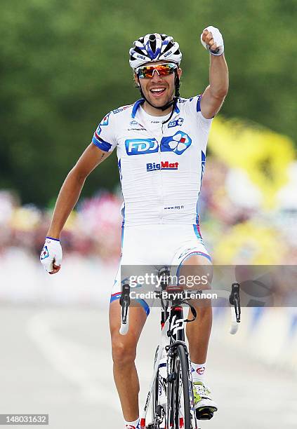 Thibaut Pinot of France and FDJ Bigmat celebrates as he crosses the finish line to win stage eight of the 2012 Tour de France from Belfort to...