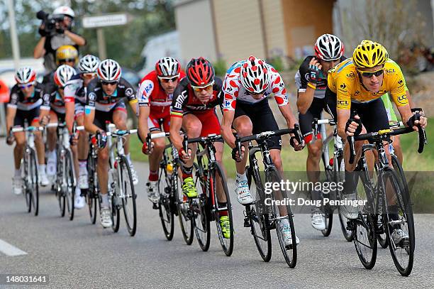 Bradley Wiggins of Great Britain riding for Sky Procycling does a turn on the front of the group in the final kilometers as he defended the race...