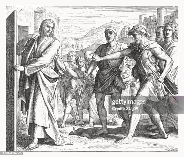 two blind men ask jesus (matthew 9), woodcut, published 1860 - blind man stock illustrations