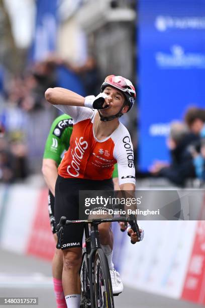 Bryan Coquard of France and Team Cofidis celebrates at finish line as stage winner during the 1st Region Pays de la Loire Tour 2023, Stage 3 a...