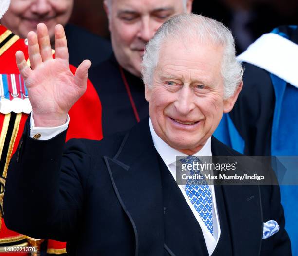 King Charles III attends the Royal Maundy Service at York Minster on April 6, 2023 in York, England. During the service His Majesty, for the first...