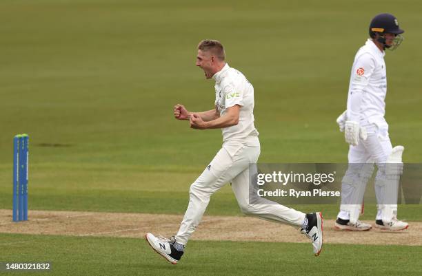 Olly Stone of Nottinghamshire celebrates after taking the wicket of Felix Organ of Hampshire during day one of the LV= Insurance County Championship...