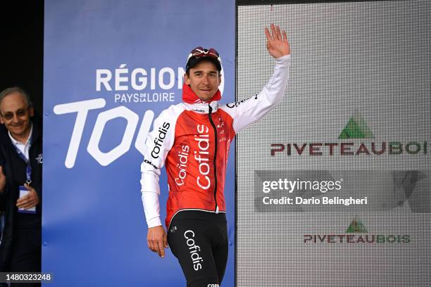 Bryan Coquard of France and Team Cofidis celebrates at podium as stage winner during the 1st Region Pays de la Loire Tour 2023, Stage 3 a 197.1km...
