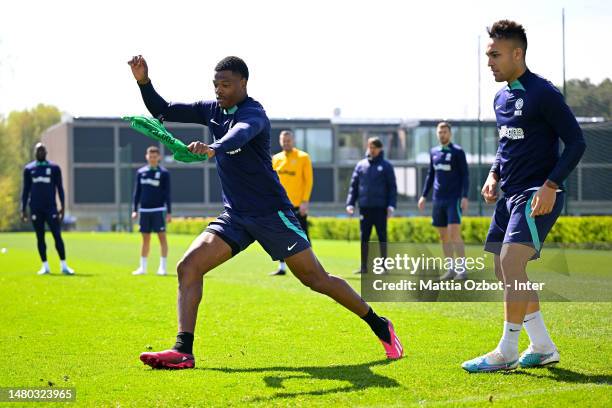 Denzel Dumfries of FC Internazionale in action during the FC Internazionale training session at the club's training ground Suning Training Center on...