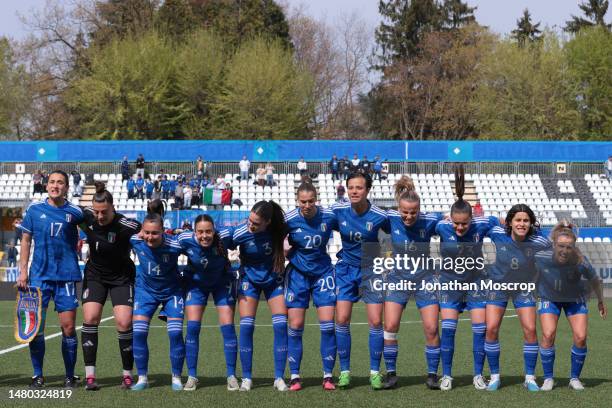 The Italy players passionately sing their national anthem during the UEFA Women's Under 19 Championship Round 2 match between Greece and Italy at...