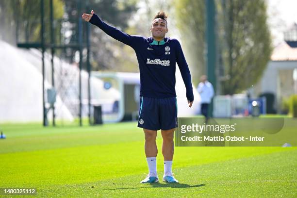 Lautaro Martinez of FC Internazionale gesture during the FC Internazionale training session at the club's training ground Suning Training Center on...
