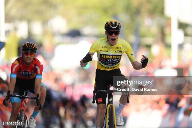 Jonas Vingegaard of Denmark and Team Jumbo – Visma - Yellow Leader Jersey celebrates at finish line as stage winner ahead of Mikel Landa of Spain and...