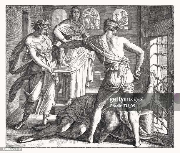 stockillustraties, clipart, cartoons en iconen met beheading of john the baptist (mark 6), woodcut, published 1860 - headless