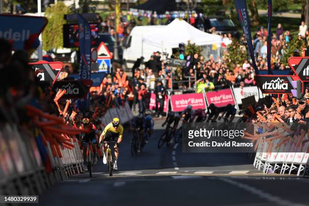 Mikel Landa of Spain and Team Bahrain Victorious and Jonas Vingegaard of Denmark and Team Jumbo – Visma - Yellow Leader Jersey sprint at finish line...
