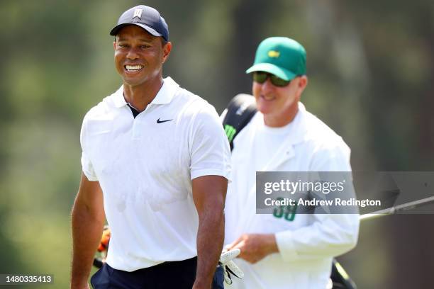 Tiger Woods of the United States reacts on the eighth green during the first round of the 2023 Masters Tournament at Augusta National Golf Club on...