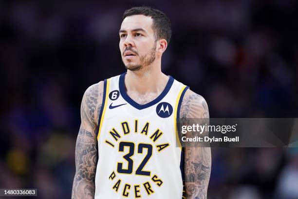 Gabe York of the Indiana Pacers looks on in the fourth quarter against the New York Knicks at Gainbridge Fieldhouse on April 05, 2023 in...