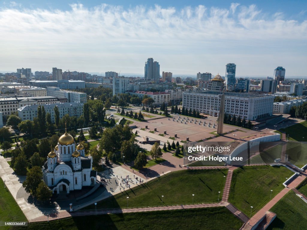 Aerial of St. George the Victorious Church and the Monument of Glory in Slavy Square