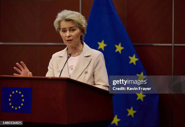 European Commission President Ursula von der Leyen gestures as she speaks at a press conference at the European Delegation on April 6, 2023 in...