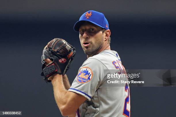Max Scherzer of the New York Mets throws a pitch during a game against the Milwaukee Brewers at American Family Field on April 04, 2023 in Milwaukee,...