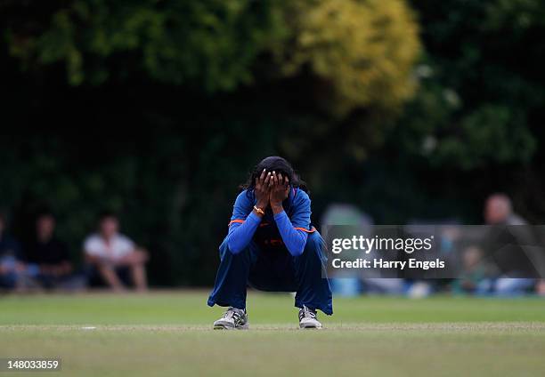 Nagarajan Niranjana of India reacts during the 4th NatWest International One Day match between England Women and India Women at Truro Cricket Club on...