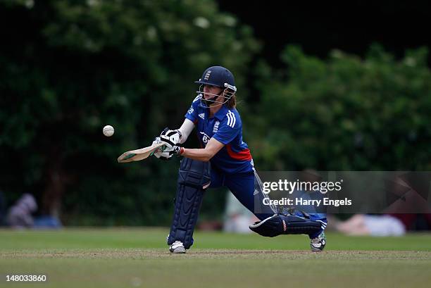 Lydia Greenway of England hits out during the 4th NatWest International One Day match between England Women and India Women at Truro Cricket Club on...