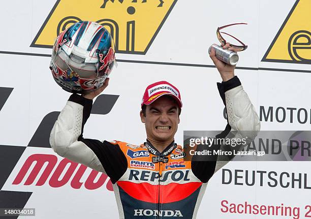 Dani Pedrosa of Spain and Repsol Honda Team celebrates on the podium the victory at the end of the MotoGP race of the MotoGp of Germany at...