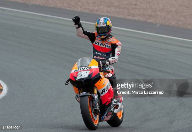 Dani Pedrosa of Spain and Repsol Honda Team celebrates the victory at the end of the MotoGP race of the MotoGp of Germany at Sachsenring Circuit on...
