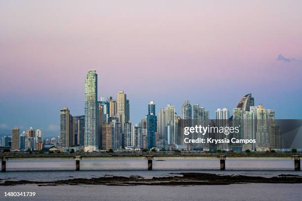 panama city skyline at sunset, seen from casco viejo - panamá imagens e fotografias de stock