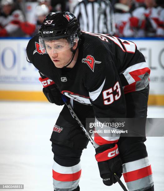 Jeff Skinner of the Buffalo Sabres prepares for a faceoff against the New Jersey Devils during an NHL game on March 24, 2023 at KeyBank Center in...