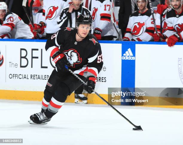 Jeff Skinner of the Buffalo Sabres skates against the New Jersey Devils during an NHL game on March 24, 2023 at KeyBank Center in Buffalo, New York.