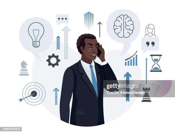 african american businessman using smartphone. business idea, plan strategy and solution concept. - creative director stock illustrations