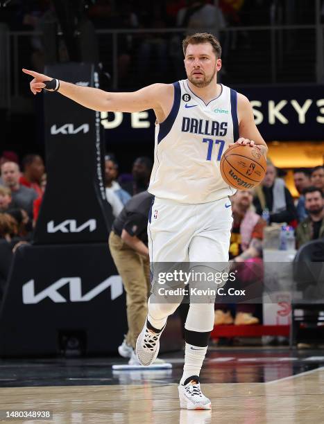 Luka Doncic of the Dallas Mavericks drives against the Atlanta Hawks during the first quarter at State Farm Arena on April 02, 2023 in Atlanta,...