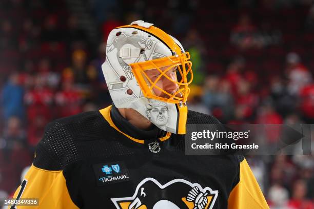 Casey DeSmith of the Pittsburgh Penguins warms up prior to the game against the New Jersey Devils on April 4, 2023 in Newark, New Jersey.