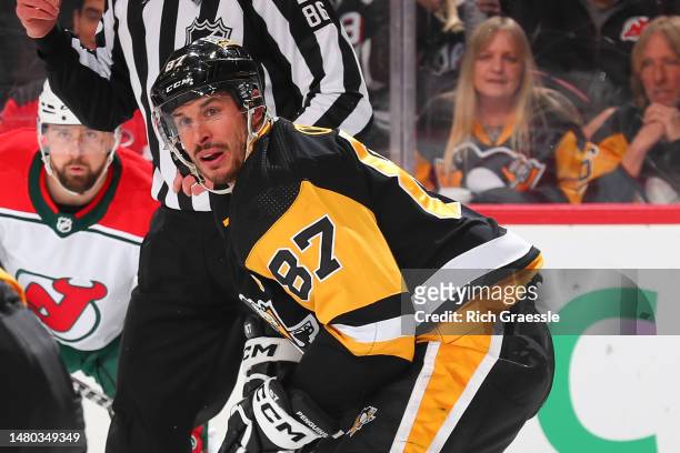 Sidney Crosby of the Pittsburgh Penguins during the game against the New Jersey Devils on April 4, 2023 in Newark, New Jersey.