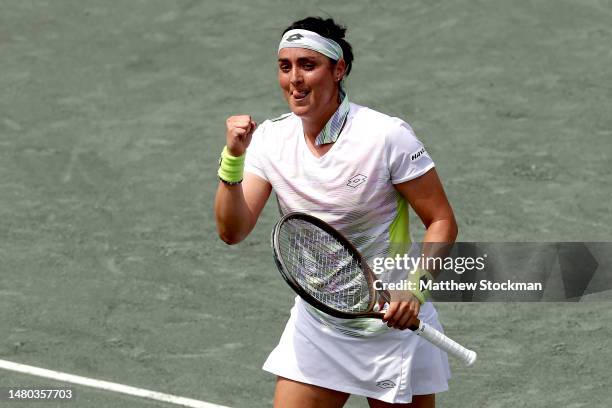 Ons Jabeur of Tunisia celebrates match point against Caroline Colehide during the Credit One Charleston Open at Credit One Stadium on April 06, 2023...