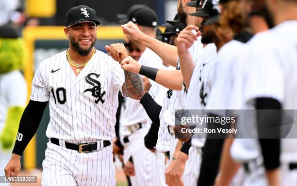 Yoan Moncada of the Chicago White Sox greets teammates during pregame introductions prior to the White Sox home opener against the San Francisco...