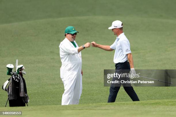 Amateur Sam Bennett reacts after chipping in for eagle on the second hole during the first round of the 2023 Masters Tournament at Augusta National...